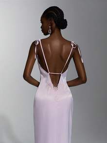 Elitara Elegant, Simple, Minimalist, Light Pink, Matte High-Elastic Satin, Handmade Bow, Back Appliqué, Halter Neck, Sexy V-Neck, Deep Backless Design, A-Line Skirt, Long Style. Suitable For All Weddings, Formal Occasions, Dates, Parties, Birthday Parties, And Bridesmaid Dresses. - Baby Pink - View 1