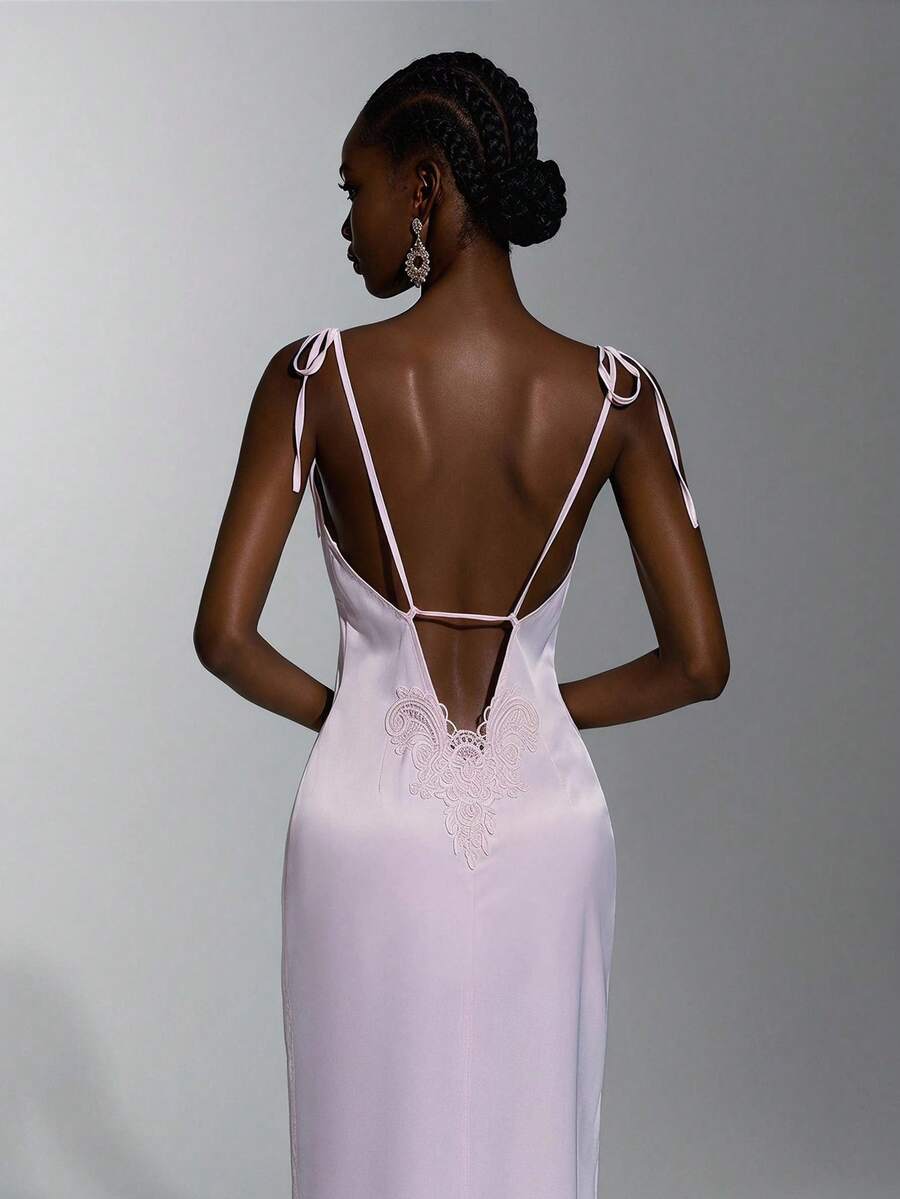 Elitara Elegant, Simple, Minimalist, Light Pink, Matte High-Elastic Satin, Handmade Bow, Back Appliqué, Halter Neck, Sexy V-Neck, Deep Backless Design, A-Line Skirt, Long Style. Suitable For All Weddings, Formal Occasions, Dates, Parties, Birthday Parties, And Bridesmaid Dresses. - Baby Pink - View 1