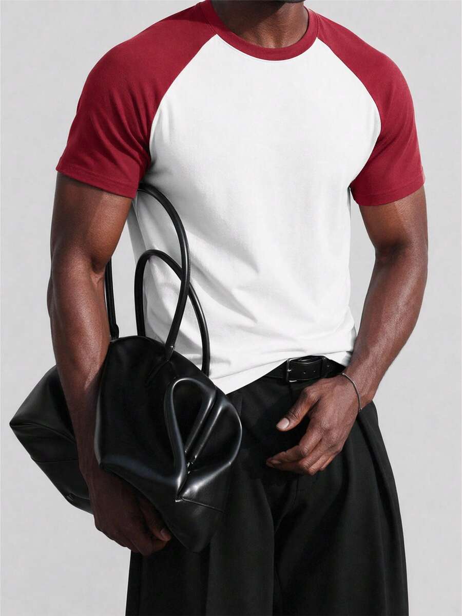 Manfinity RebelGame Camiseta de manga corta de punto con cuello redondo y manga raglán de color de contraste para hombres, vacaciones, regalos del Día del Padre - Rojo - Ver 1