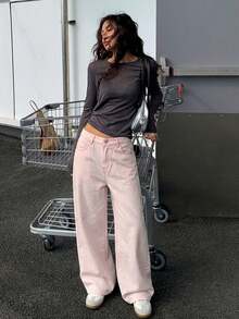 DAZY Vintage Loose Straight Leg Washed White Women Jeans - Pink - View 3