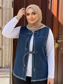 Dazy Plus Plus Size Women Bow Decor Loose Denim Vest, Spring/Summer - Dark Wash - View 1