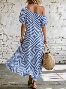 SHEIN Women's Colorblock Geometric Maze Print Asymmetric Neck Puff Short Sleeve Flared Dress - Blue - View 2