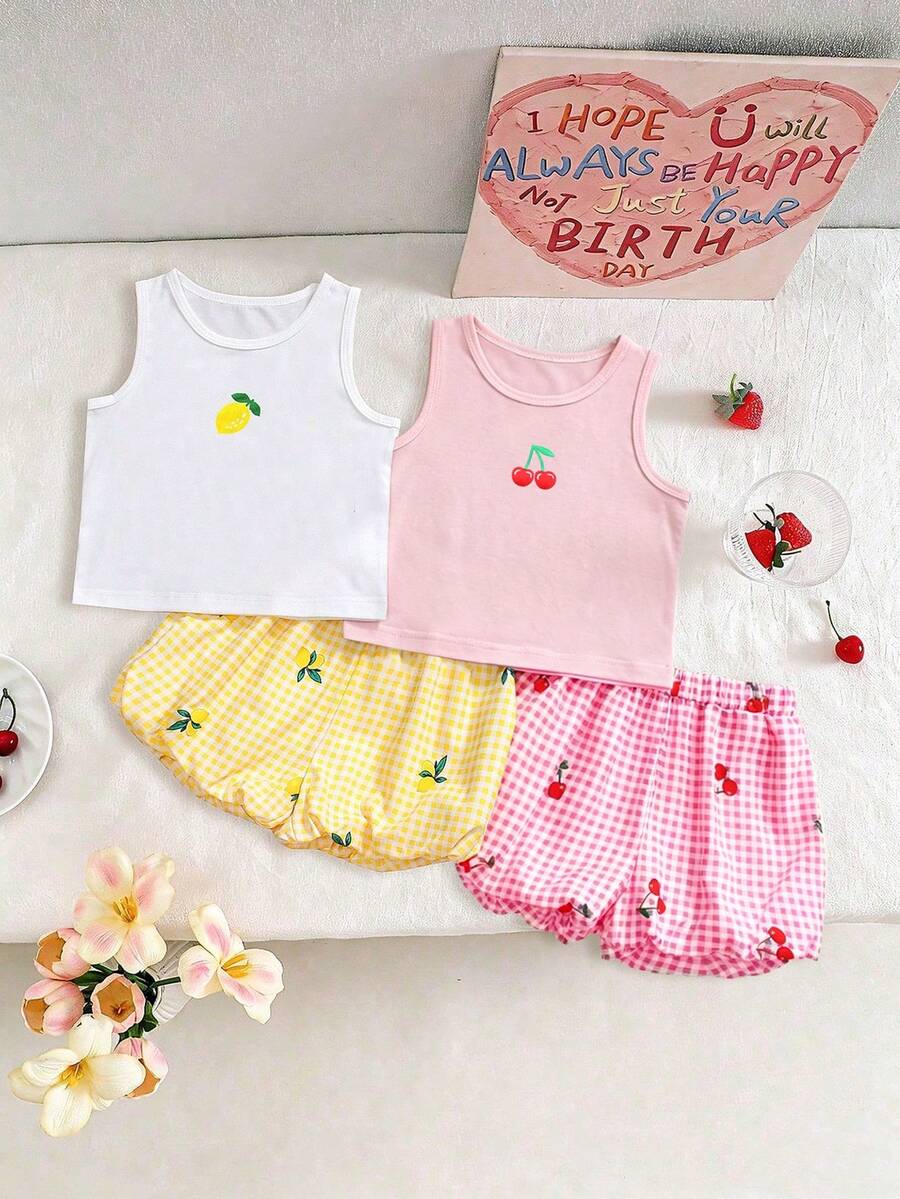 SHEIN 4件/組少女甜美櫻桃與檸檬印花細肩帶背心上衣、櫻桃與檸檬格紋甜美短褲,清新夏季度假風,適合海灘、外出與夏季假期穿著 - 彩色 - 查看 1
