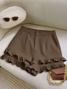 Franclia Espresso 's Flare Shorts,Summer Elegant Brunch Holiday Vacation Chic 3D Ruffle Trim,Waist Cinched Fitted Real Pockets Zipper Button,Casual - Coffee Brown - View 2