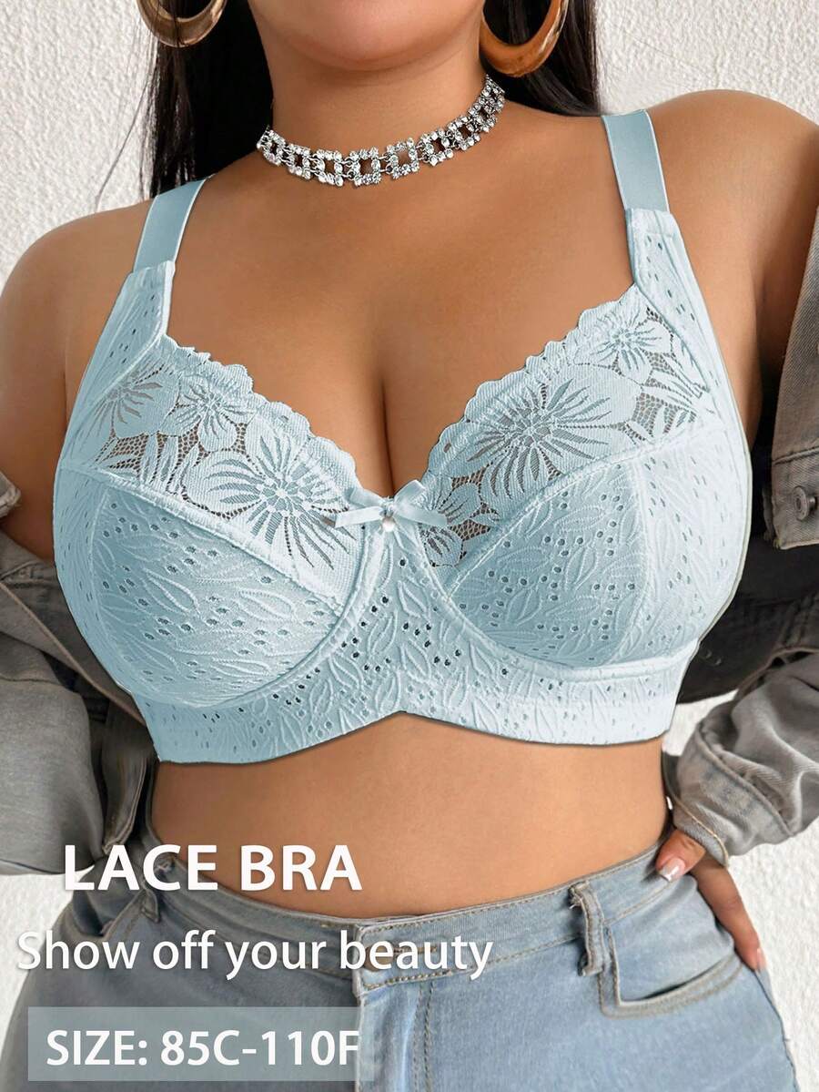 DesireSculpt Plus Size Lace Patchwork Non-Wired Bralette Single Piece - Mint Blue - View 1