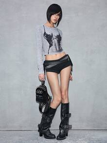 ROMWE Grunge Punk 深色鉚釘環扣迷你後背包 辣妹風亮面小後背包 - 鏡面黑 - View 11