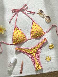 Swim Mod Ensemble de bikini triangle sans armature à imprimé numérique et string, ensemble de bikini de plage pour femmes pour le printemps/été - Jaune citron - Voir 4