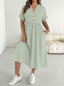 SHEIN Essnce Plus Size Color Block Striped Dress With Pockets, Short Sleeve - Green - View 4