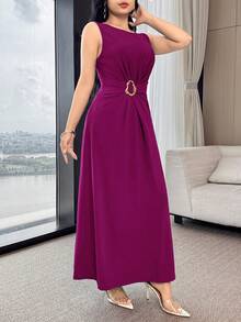 Feyla Waist Pleated Metal Buckle Waist-Defining Elegant Elegant Party Commute Versatile Dress - Red Violet - View 5