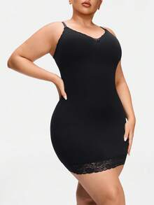 SHAPORA Plus Size Women Solid Color Lace Patchwork Bodycon Camisole Dress - Black - View 5