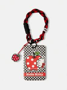 HELLO KITTY AND FRIENDS | SHEIN Multifunctional Combo Keychain Badge Holder , Black And White Braided Wrist Lanyard Apple Gingham Pattern Card Cover Keychain, Bag Pendant - red and black - View 3