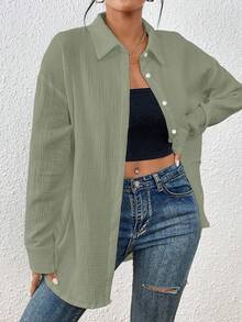 EMERY ROSE Women Plain And Simple Lapel Collar Buttoned Shirt Fall Cloth For Women - Green - View 3