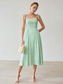 MOTF PREMIUM VESTIDO DE MUJER ELEGANTE PARA DESPLAZAMIENTO CON TIRANTES DE ENCAJE DE COLOR CONTRASTANTE EN LINO - Verde - Ver 5