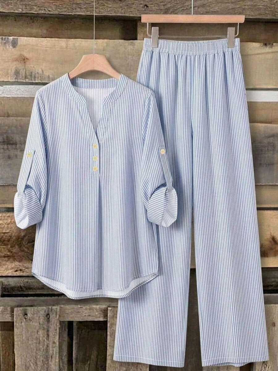 Rusticease 女款休閒襯衫與長褲兩件套,條紋套裝,女款休閒服飾,街頭風,適合日常通勤、約會、聚會,秋冬春夏,聖誕節、新年、感恩節、派對、婚禮、海灘、畢業典禮,時尚、優雅、休閒、外出、約會、赴約、通勤 - 彩色 - 查看 1