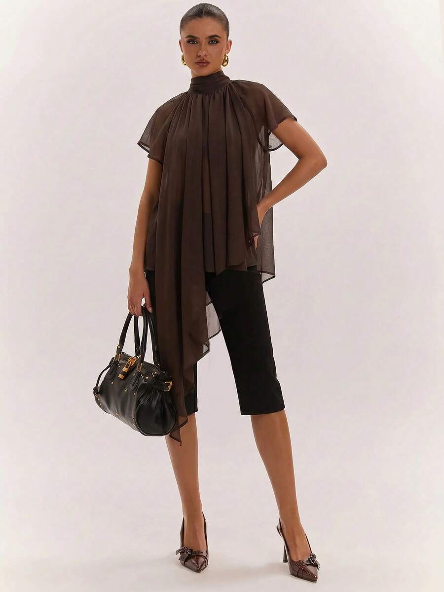 SHEIN BAE 女款不對稱下擺蝙蝠袖休閒襯衫 - 棕色 - 查看 1