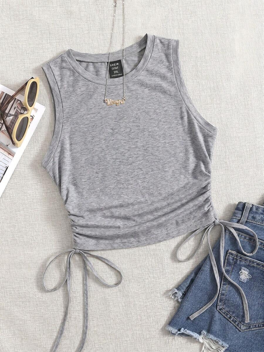 Comfortcana Knitted Casual Medieval Plus Size Women's Solid Color Side Drawstring Tank Top Holiday Summer - Grey - View 1