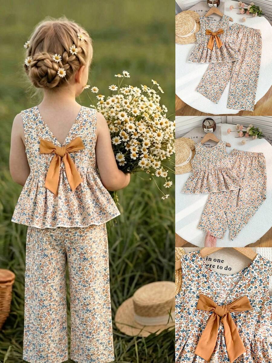SHEIN Elladie kids 2件/組 女童夏季迷人白色藍色橘色復古+花卉野餐印花圓領荷葉邊無袖上衣配V領背部與蝴蝶結裝飾+寬腿褲套裝，適合夏季穿搭、海灘週末、度假浪漫、島嶼風、都市晚間、生日穿搭、波希米亞節慶