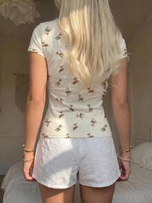 CovetEZ 95 Cotton Casual Minimalist Sexy Cute Deer Print Pattern Short Sleeve T-Shirt, Suitable For Spring And Summer, Basic, College Style, Music Festival - Multicolor - View 2
