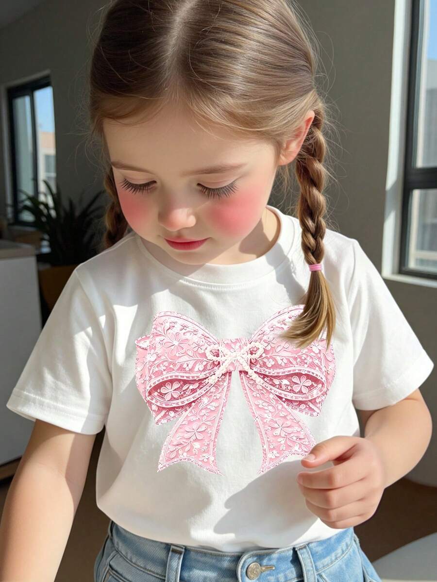 Elladie kids 女童清新簡約粉色花卉與蝴蝶結印花基本款白色短袖T恤,舒適夏季日常穿搭 - 白色 - 查看 1