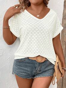 EMERY ROSE Camiseta de mujer primavera/verano nueva casual cuello en V manga corta puño enrollado botón en hombro color de contraste talla grande - Beis - Ver 5