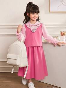 Conjunto casual de top y falda 2 en 1 con patchwork, volantes, rayas y manga larga para niña preadolescente - Rosa - Ver 6