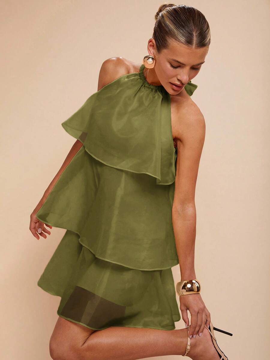 COSMINA Women's Multi-Layer Ruffle Halter Elegant Sleeveless Mini Dress,Valentine's Day,Party,Sage Dress - Green - View 1