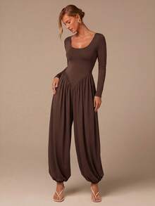 COSMINA Women's Solid Color Square Neck Long Sleeve Pleated Elastic Leg Fashion Jumpsuit Brunch Holiday Dark Brown Autumn Elegant Casual Tea Party Travel - Brown - View 4