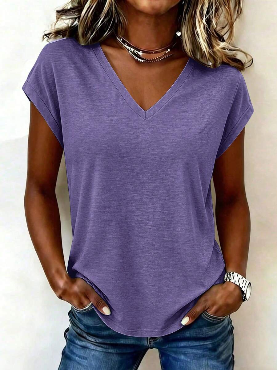 EMERY ROSE Camiseta de mujer de unicolor con cuello en V, manga corta, ajuste holgado, versátil y de moda - Morado - Ver 1