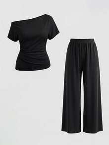 Sweetra Women's New Fashion Versatile Solid Color Asymmetrical Shoulder Cinched Waist Top + Long Pants 2 Pieces Set Casual Simple Elegant Two Pieces Pants Set - Black - View 1