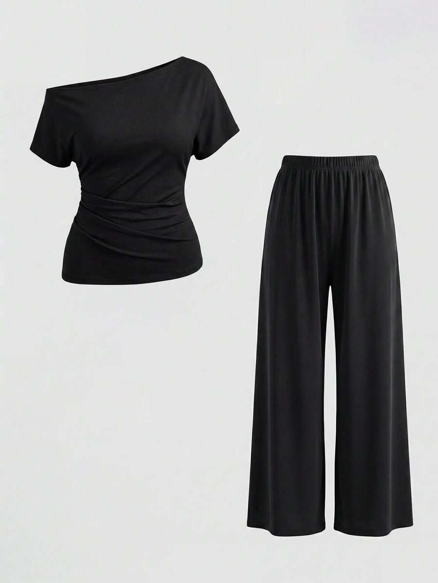 Sweetra Women's New Fashion Versatile Solid Color Asymmetrical Shoulder Cinched Waist Top + Long Pants 2 Pieces Set Casual Simple Elegant Two Pieces Pants Set - Black - View 1
