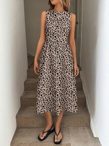 SHEIN LUNE Retro Leopard Print Round Neck Sleeveless Fitted A-Line Midi Dress - Multicolor - View 3