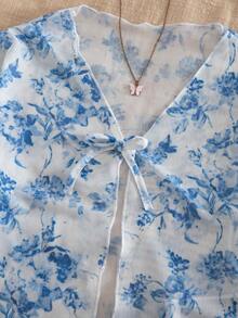 SHEIN Tween Girl Floral Pattern Ruffle Trim Long Sleeve V-Neck Bow Front Cardigan - Blue and White - View 7