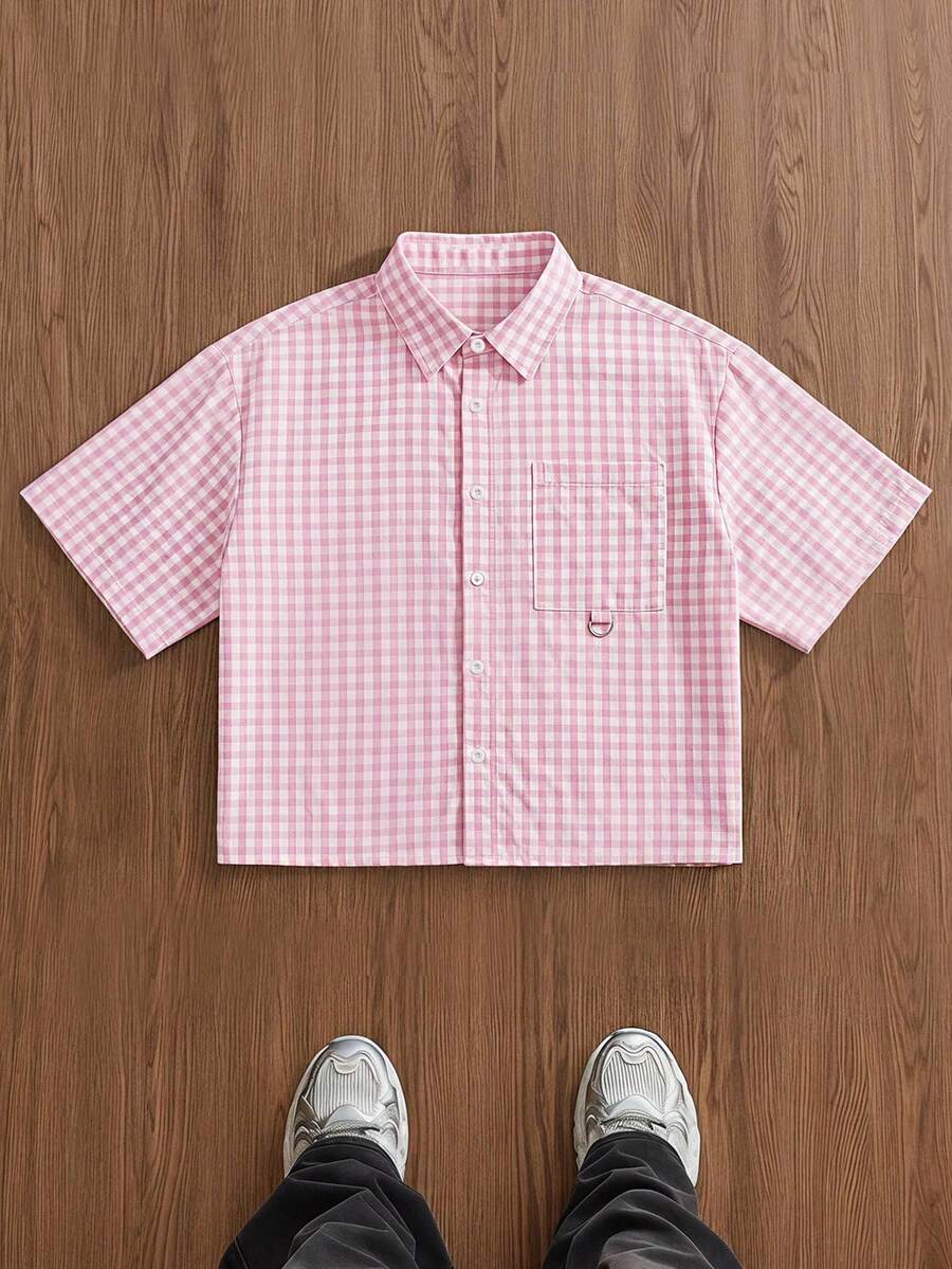 NORVETH Men's Loose-Fitting Short-Sleeved Shirt, Pink Plaid Shirt, Suitable For Summer, Holidays, Vacations , Daily Wear - Pink - View 1