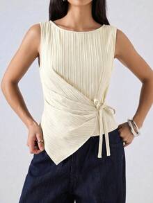 LYSMO Women's Round Neck Sleeveless Pleated Tie-Front Tank Top - Apricot - View 1