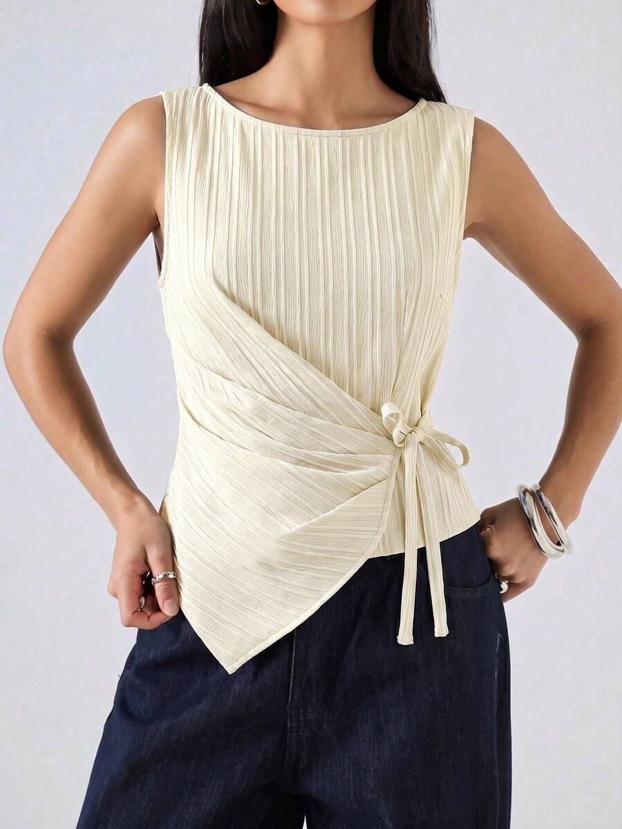 LYSMO Women's Round Neck Sleeveless Pleated Tie-Front Tank Top - Apricot - View 1