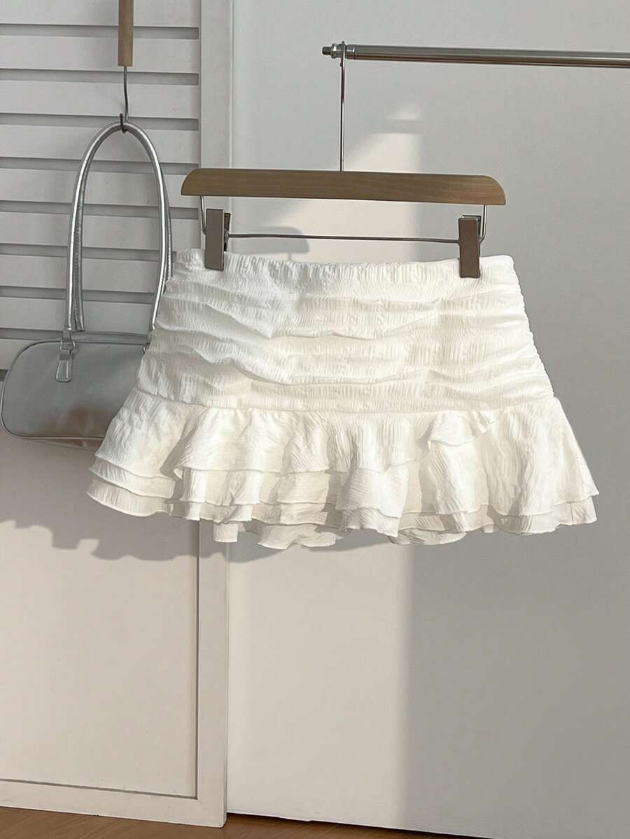 Elamini Women's Asymmetrical Ruffle Hem Fashion Versatile Mini Skirt - White - View 1