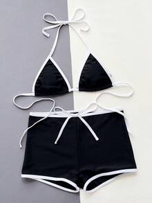 SHEIN Swim Summer Beach Contrast Trim Knotted Detail Bikini Set - Black and White - View 5