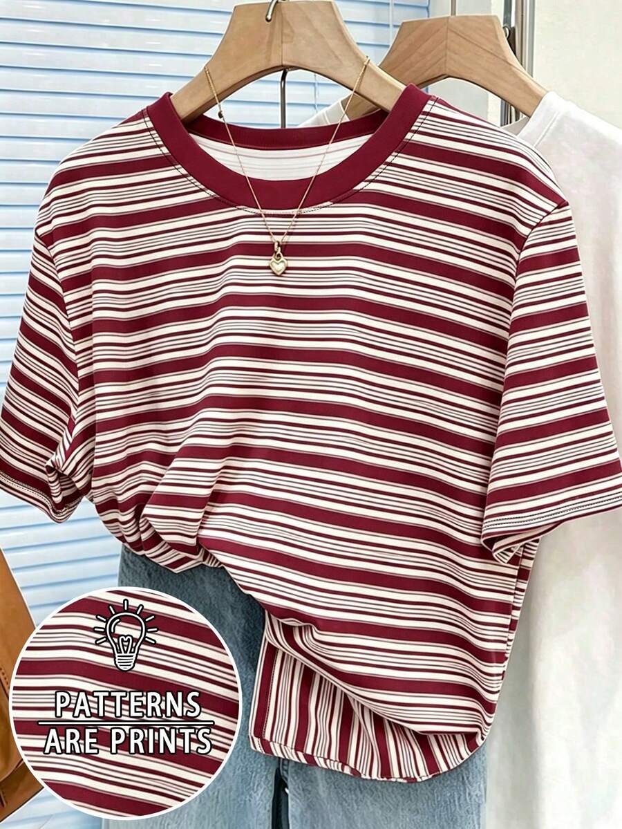 Resyla Vintage Burgundy Women Short Sleeve T-Shirt, Casual Round Neck Top For Summer Travel Back-To-School School - Multicolor - View 1
