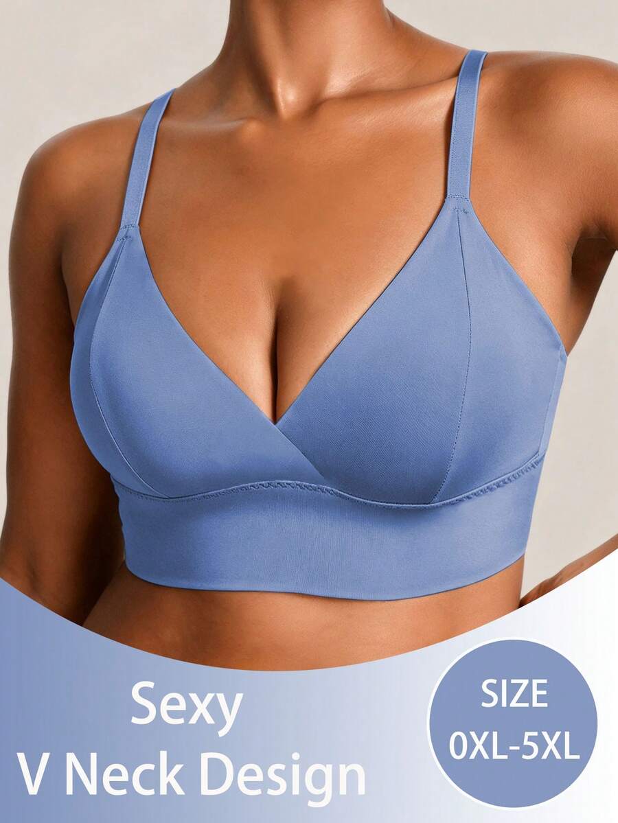 SHEIN 1 pieza Sujetador sexy de talla grande para mujer de unicolor con escote en V profundo y tirantes ajustables - Celeste - Ver 1