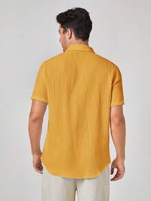 HIMLAND Men's Woven Casual Short Sleeve Shirt - Yellow - View 2