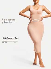 SHAPORA Women Solid Color Crew Neck Long Fitted Bodycon Dress, Sleeveless - Apricot - View 1