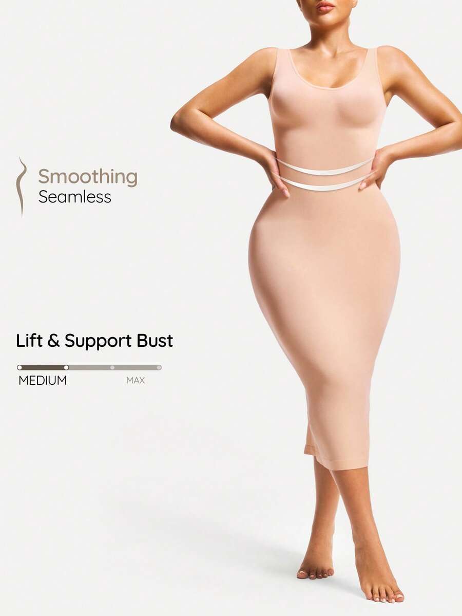 SHAPORA Women Solid Color Crew Neck Long Fitted Bodycon Dress, Sleeveless - Apricot - View 1