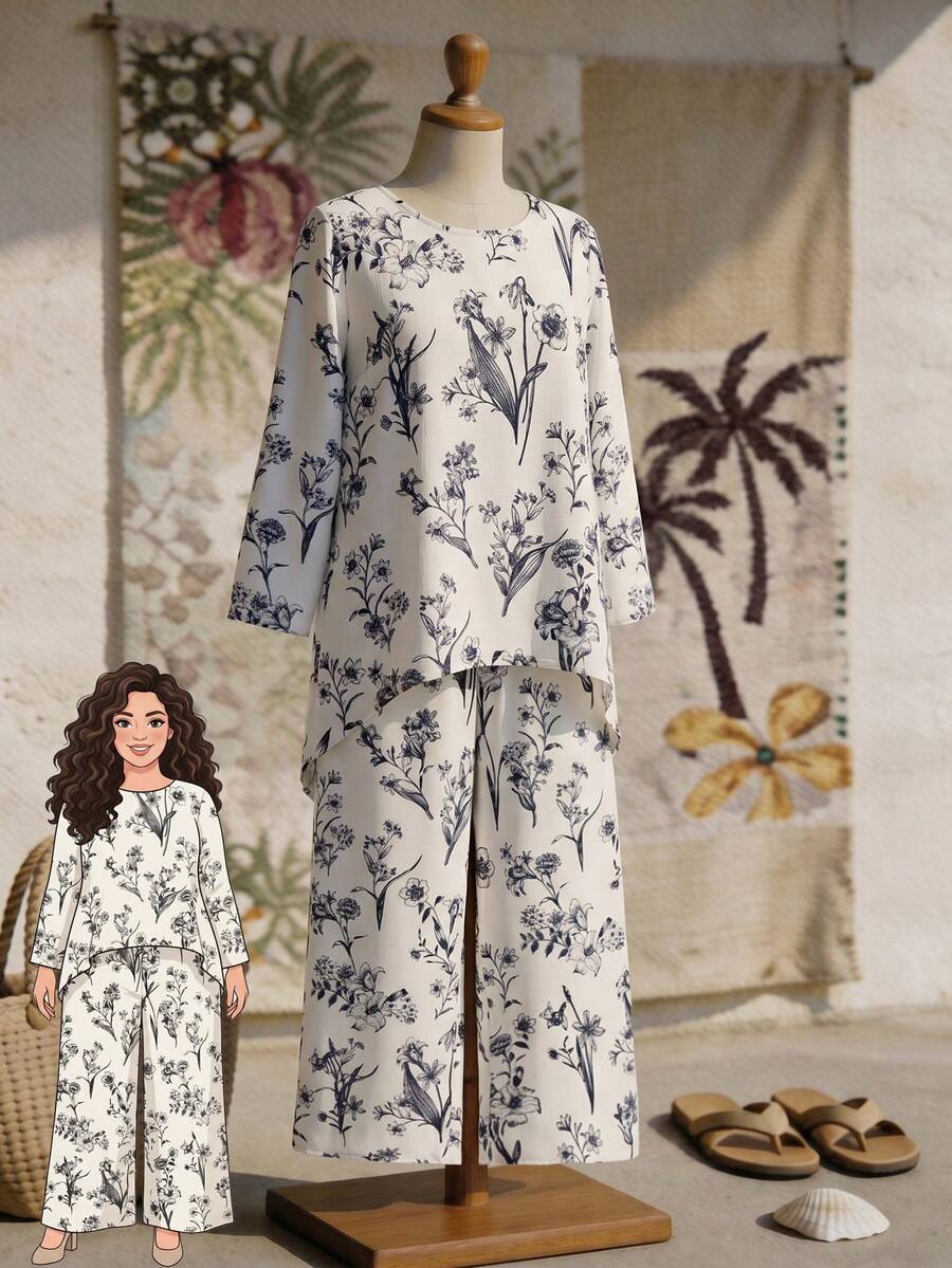 Rusticease Conjunto de 2 piezas para mujer talla grande con estampado geométrico, cuello redondo, manga larga, top con bajo asimétrico y pantalones, casual elegante boho smart, azul marino, para otoño, vacaciones y otoño - Multicolor - Ver 1