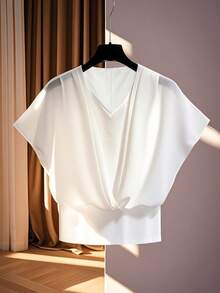 SHEIN Women's Chiffon Splice Bat Wing Short Sleeve Blouse, 2 In 1, Crop Top - White - View 5
