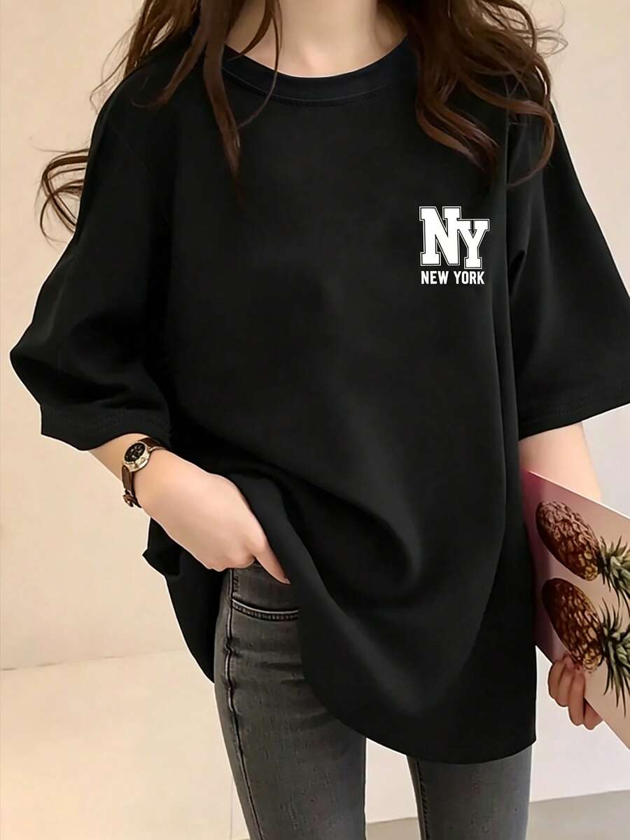 女款黑白紐約 NY 字母印花寬鬆圓領短袖 T 恤,休閒牛仔風夏季上衣,返校季校園正式風 - 黑色 - 查看 1