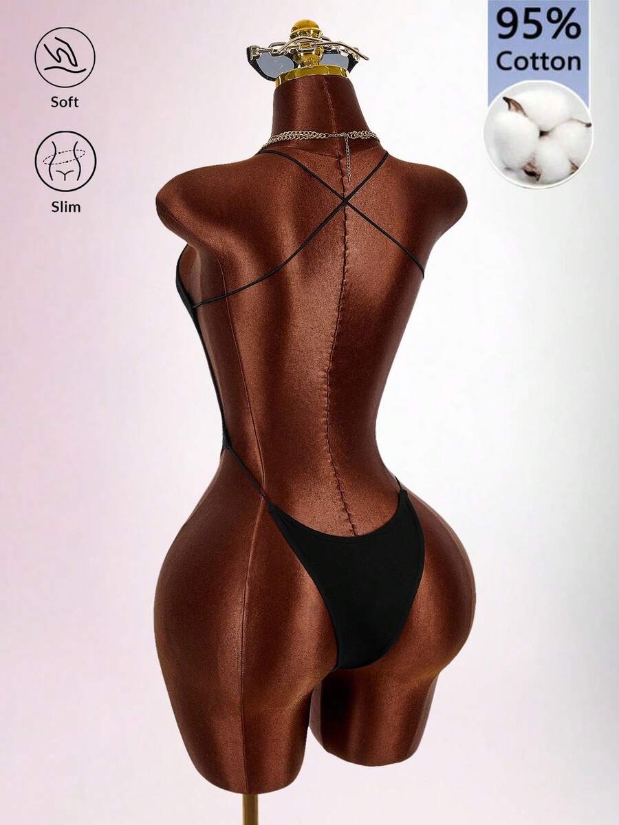 Amplova 女款素色深V領性感掛脖連身衣 - 黑色 - 查看 1