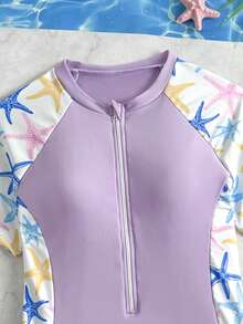 SHEIN 青少年女孩海星印花短袖連身泳衣，適合海灘度假、泳池派對、海灘派對 - 彩色 - 查看 5