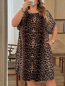 SHEIN CURVE+ 运动休闲跑步骑行慢跑篮球套装，女士夏季迷彩休闲度假舒适宽松连衣裙，圆领落肩袖，侧边口袋 - 彩色 - 查看 9