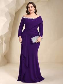 Coutiva Plus Size Elegant Crystal Embellished Off Shoulder Formal Evening Gown - Purple - View 2