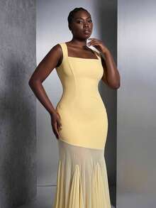 Elitara Gaun Bridesmaid Transparan Ukuran Plus Elegan Romantis Warna Kuning dengan Leher Persegi dan Bahan Jala Elastis Tinggi, Model Bodycon dan Hem Ekor Ikan - Kuning - View 6